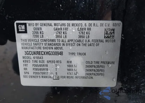 2017 Chevrolet Silverado 1500 2Lt из США, поврежденный, VIN 3GCUKRECXHG330948